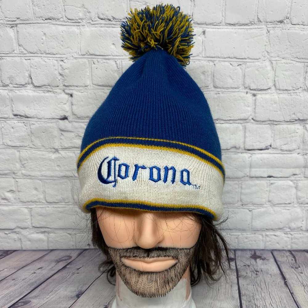 Corona Extra Beanie Hat Cap Blue White Yellow Winter Toque Knit POM Embroidered